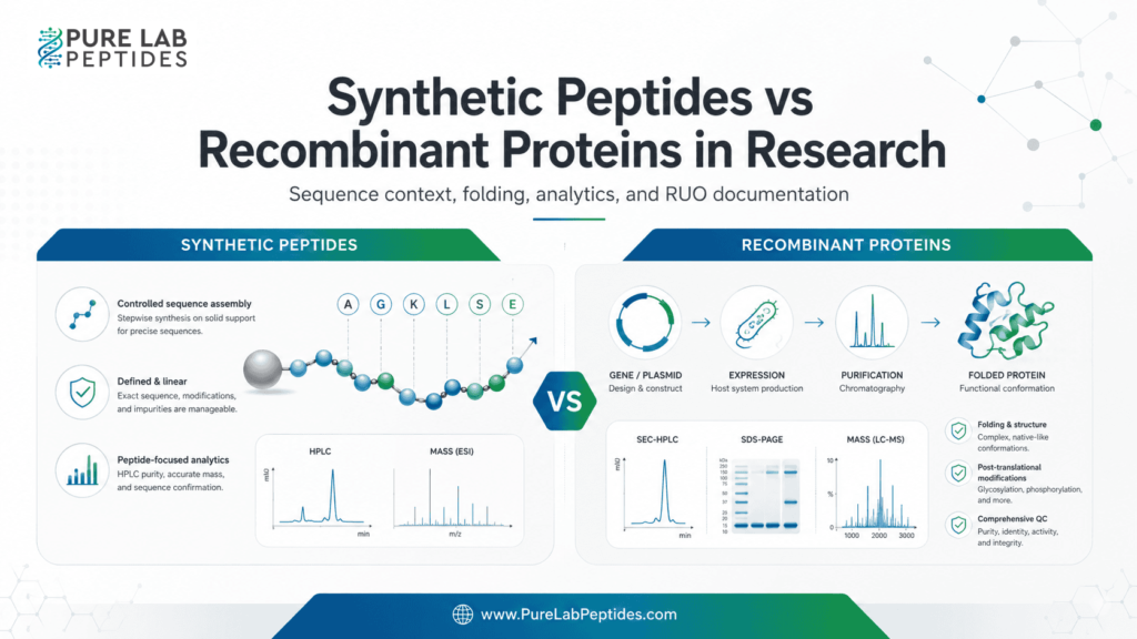 Synthetic Peptides vs Recombinant Proteins research infographic from Pure Lab Peptides